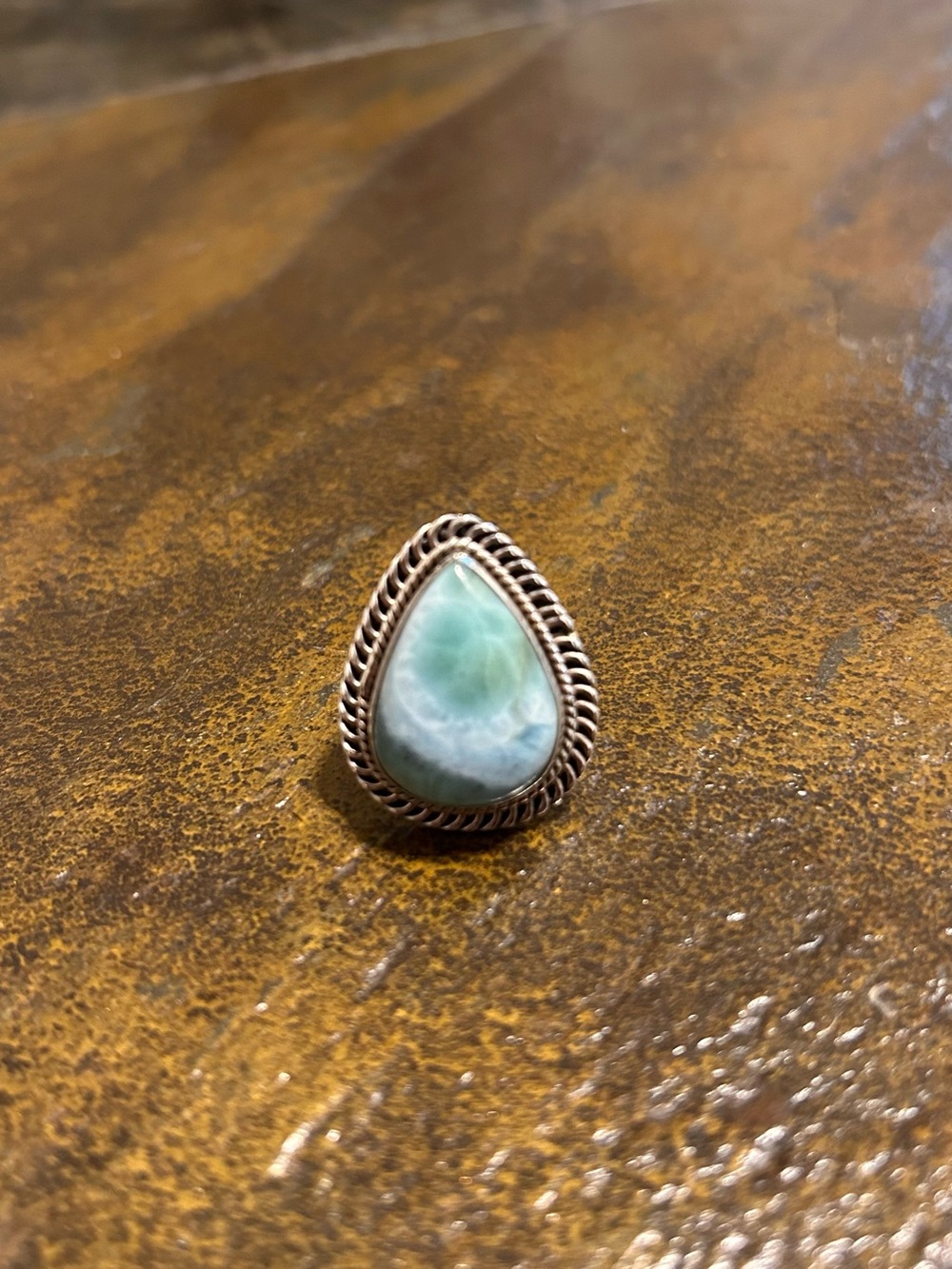 925 Sterling Silver Teardrop Larimar Ring - Green Blue Stone